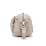 Beige suede Pram Caddy with an adjustable shoulder strap and a front buckle closure, isolated on a white background by Mother and Baby.