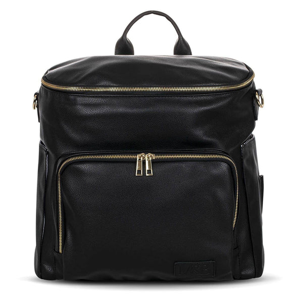 An Ava - Black leather backpack with gold zippers by Mother and Baby.