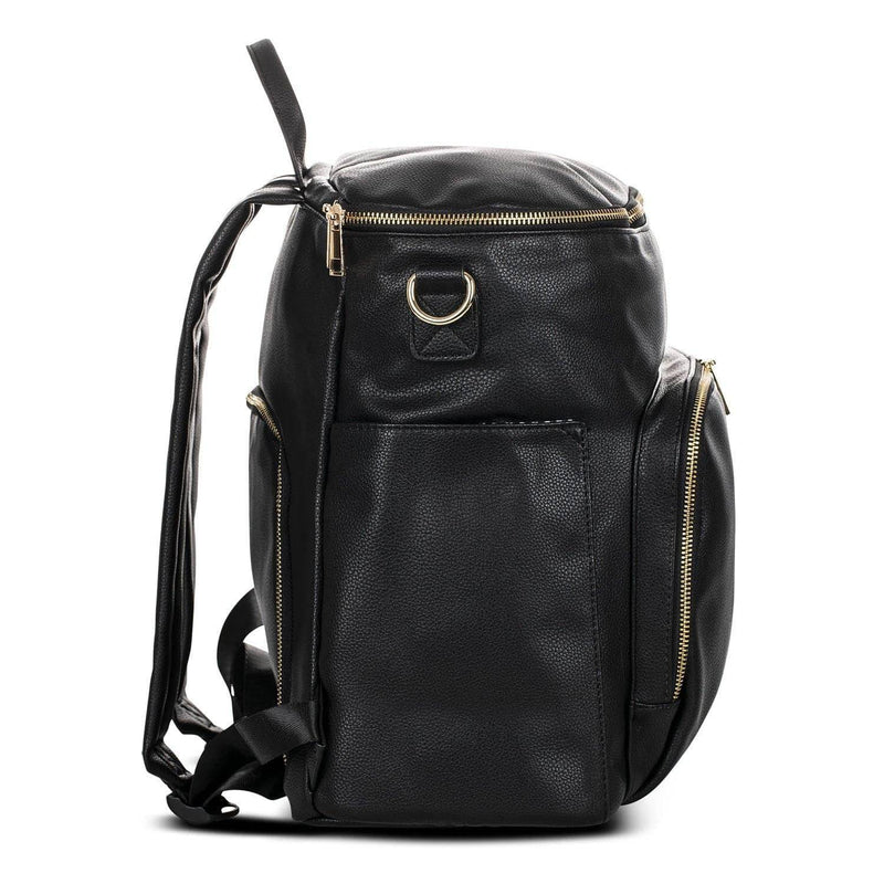 An Ava - Black leather backpack with gold zippers by Mother and Baby.