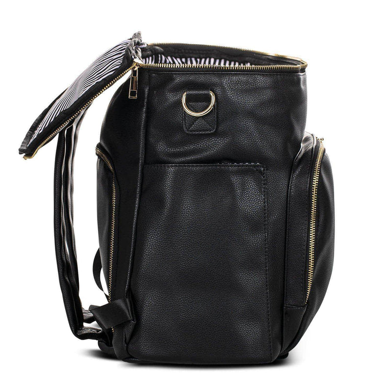 An Ava - Black leather backpack with a zippered compartment made by Mother and Baby.