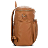 An Ava - Caramel leather backpack with a zippered compartment by Mother and Baby.