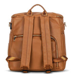 An Ava - Caramel leather backpack with zippers on the side by Mother and Baby.