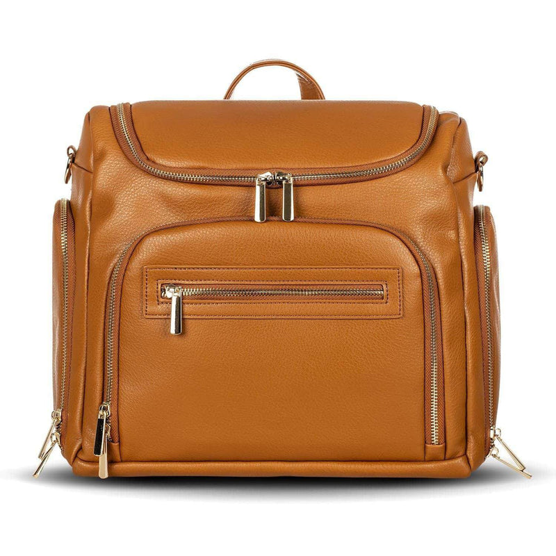 A Chloe - Caramel tan leather backpack with a zippered compartment by Mother and Baby.