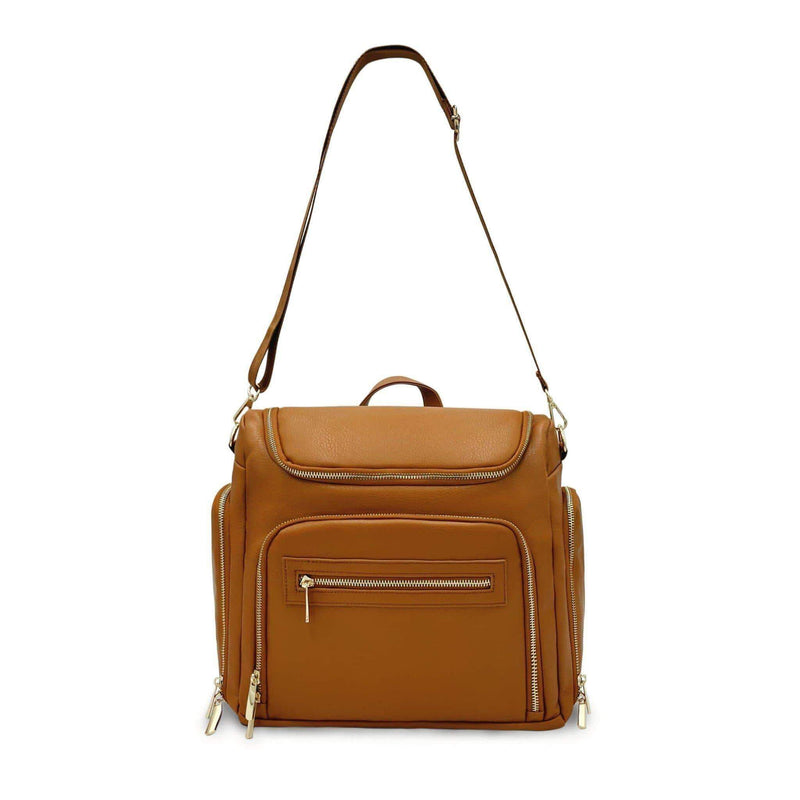 A Chloe - Caramel diaper bag with a zippered compartment from Mother and Baby.