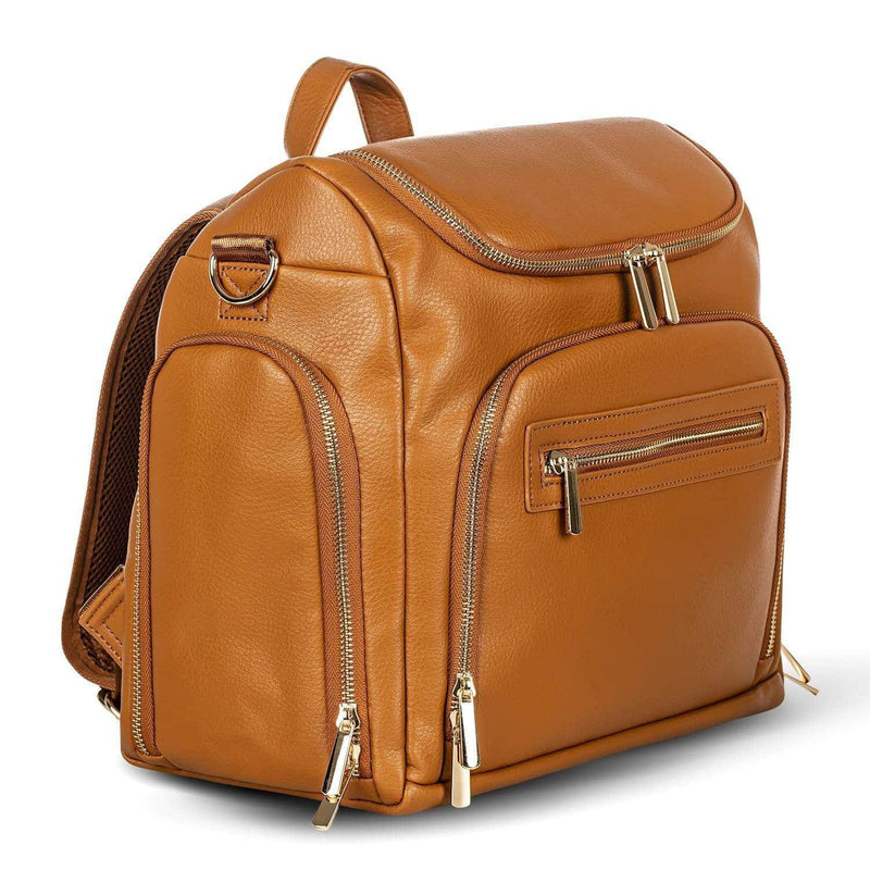 A Chloe - Caramel backpack with a zippered compartment. (Brand Name: Mother and Baby)
