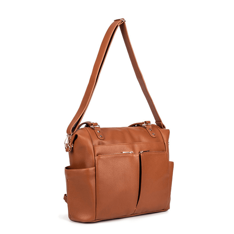 An Ivy - Caramel leather diaper bag with two pockets from Mother and Baby.
