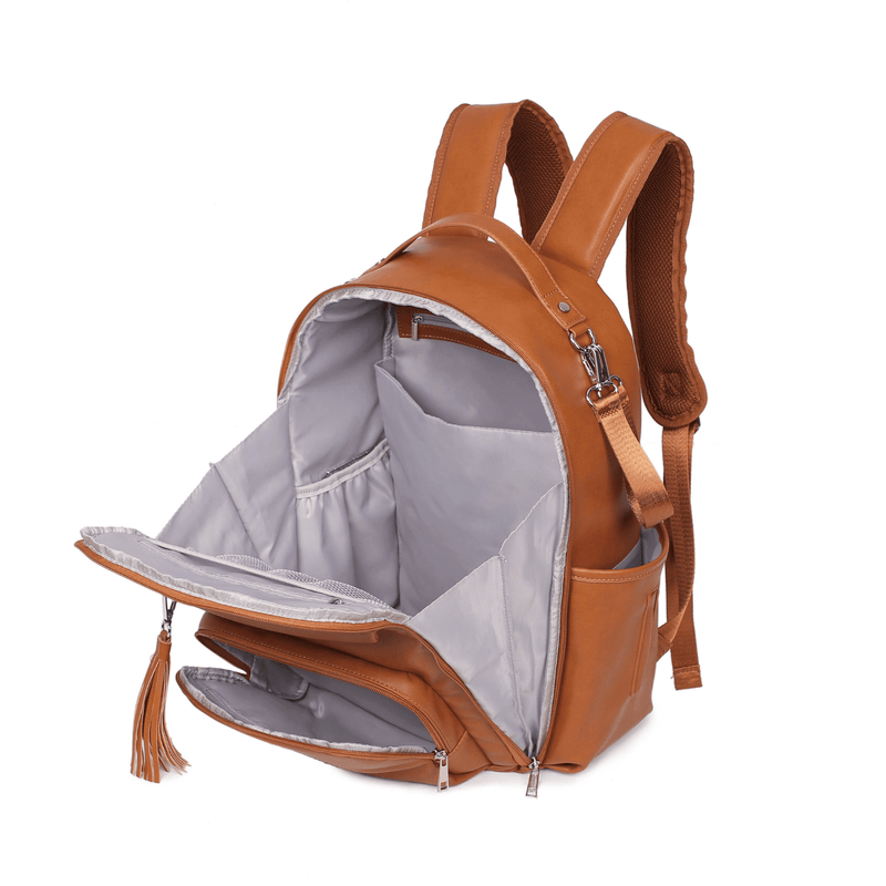 An Olivia - Caramel leather backpack with an open compartment. (Brand: Mother and Baby)
