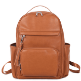 An Olivia - Caramel leather backpack with zippers and pockets by Mother and Baby.