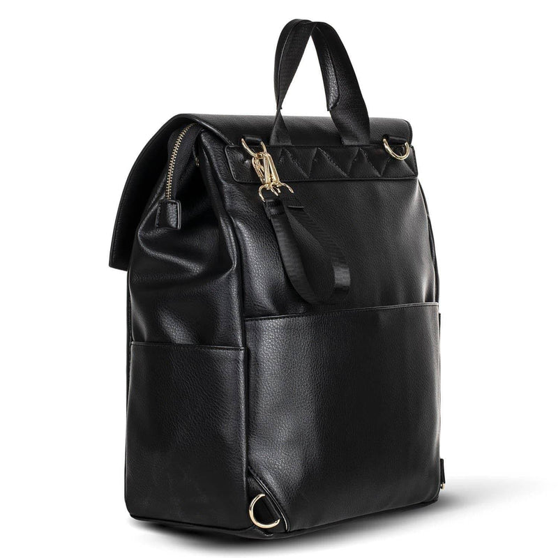A Scarlett - Black leather backpack with gold hardware by Mother and Baby.