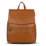 A Scarlett - Caramel leather backpack with a zippered closure.
