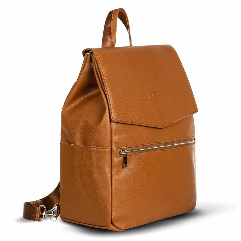 A Scarlett - Caramel leather backpack with a zippered closure by Mother and Baby.