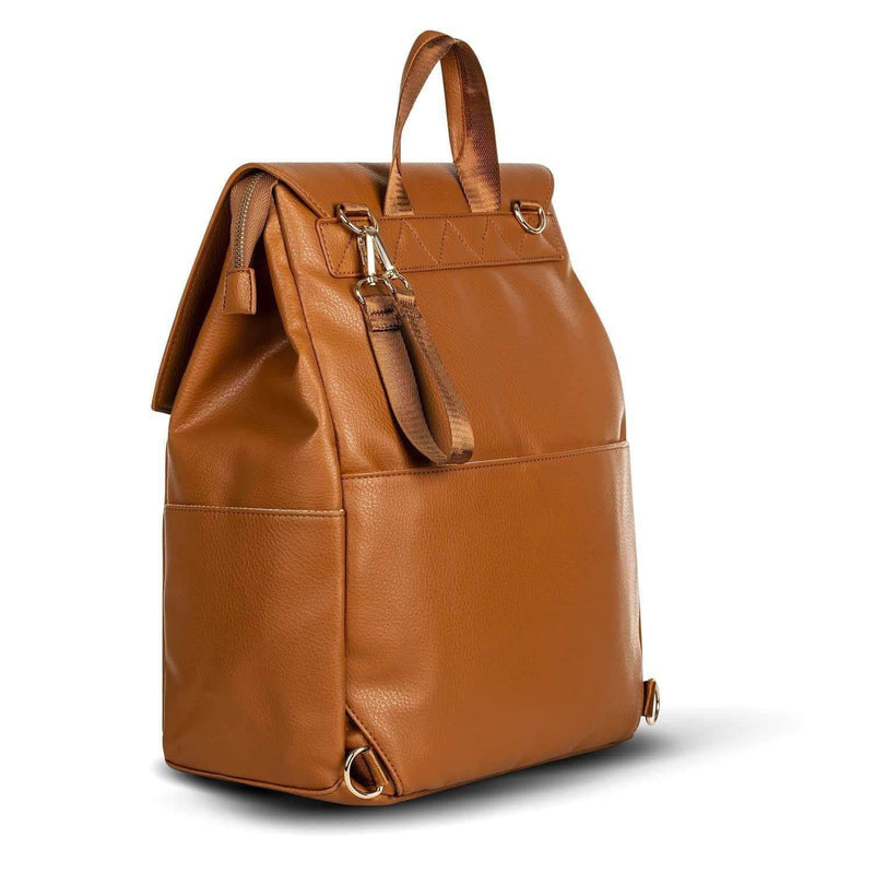 A Scarlett - Caramel leather backpack on a white background from Mother and Baby.