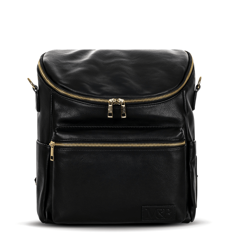 A Sophia - Black leather backpack with gold zippers from Mother and Baby.
