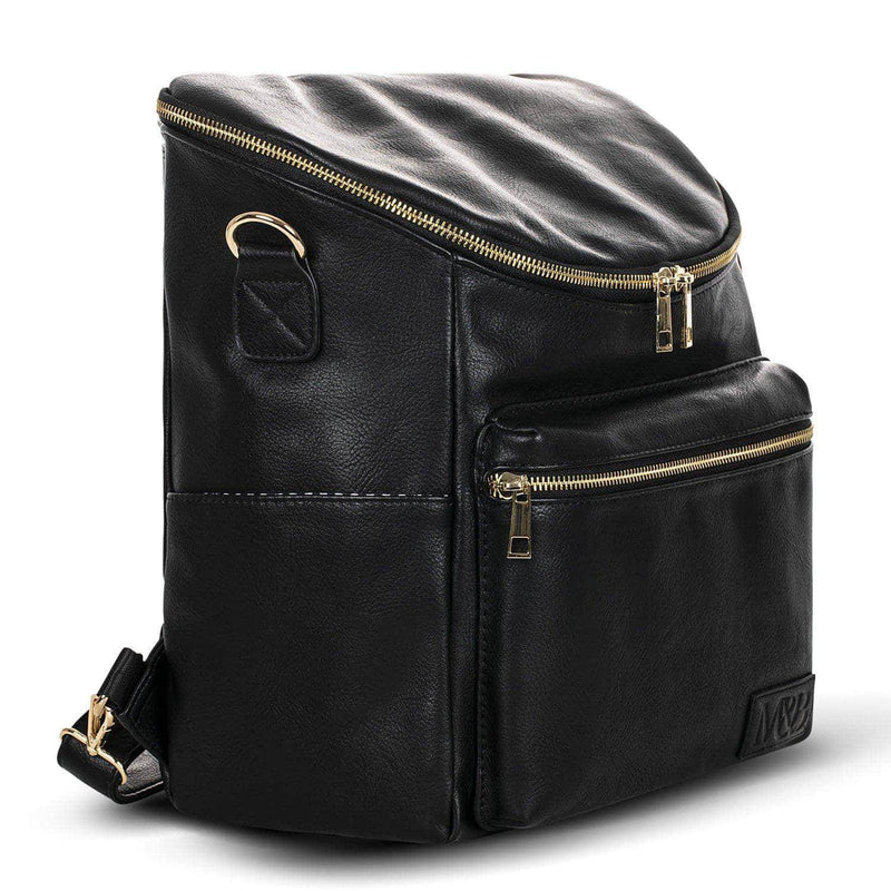 A Sophia - Black leather backpack with gold zippers by Mother and Baby.