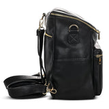 A Sophia - Black leather backpack with gold zippers by Mother and Baby.
