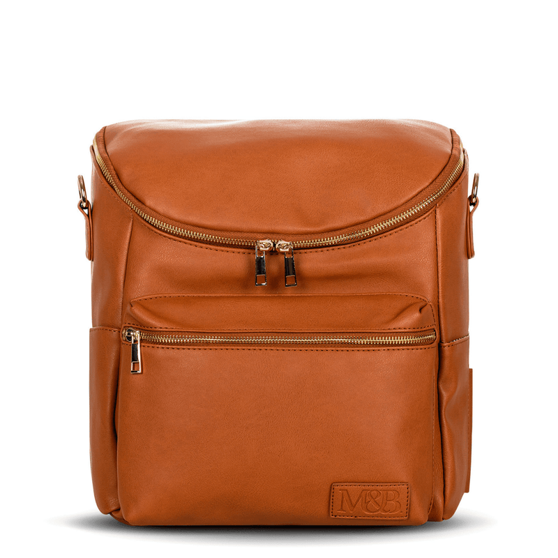 A Sophia - Caramel leather backpack with a zippered compartment. (Brand Name: Mother and Baby)