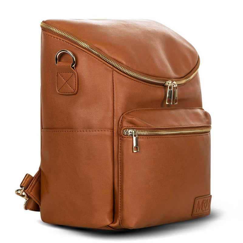 A Sophia - Caramel leather backpack with zippers by Mother and Baby.