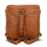 A Sophia - Caramel leather backpack with two straps from Mother and Baby.