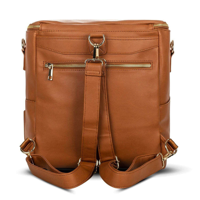 A Sophia - Caramel leather backpack with two straps from Mother and Baby.