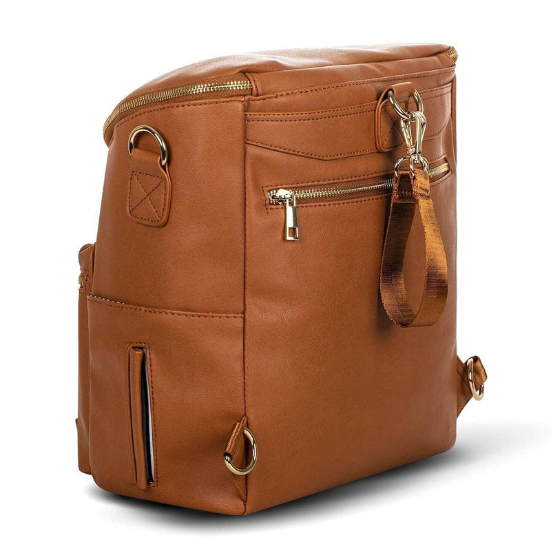 A Sophia - Caramel leather backpack with a zipper from Mother and Baby.