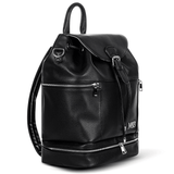 A Summer - Black leather backpack with zippers on the side, made by Mother and Baby.