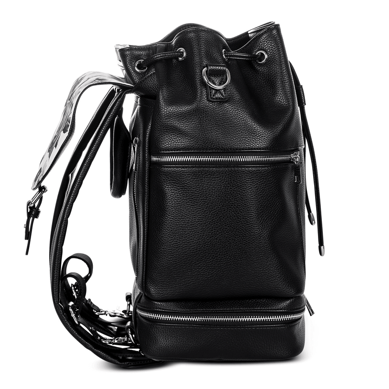 A Summer - Black leather backpack on a white background by Mother and Baby.