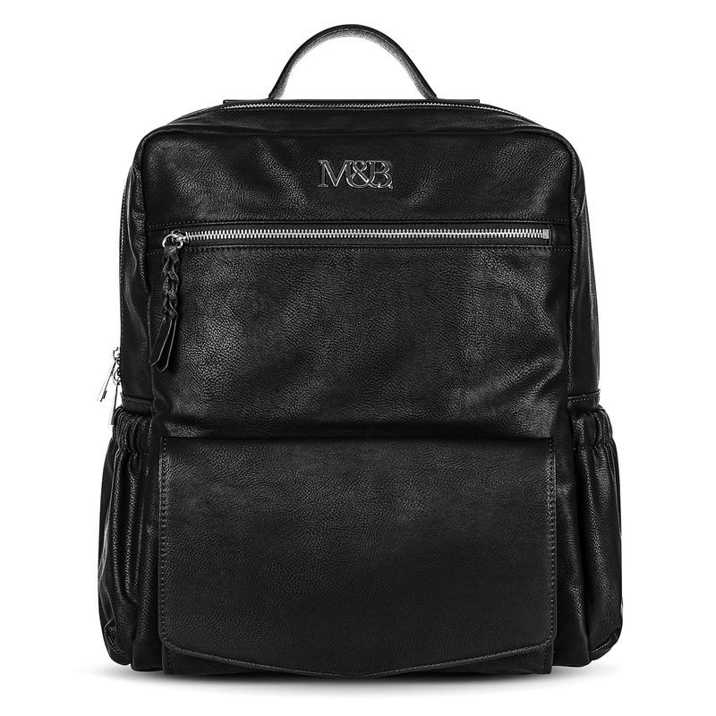 A Willow - Black leather backpack with the word vg on it by Mother and Baby.
