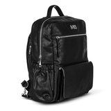 A "Willow - Black" leather backpack with a zippered compartment from the Mother and Baby brand.