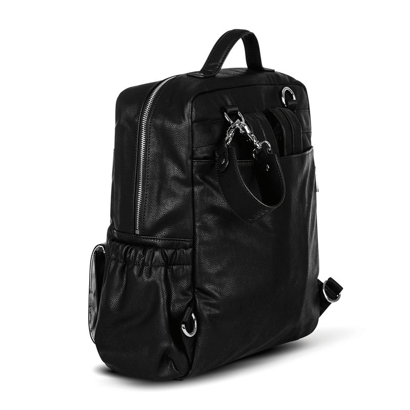 A Mother and Baby Willow - Black leather backpack on a white background.