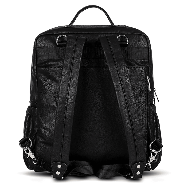 A Willow - Black leather backpack on a white background by Mother and Baby.