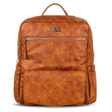 A Willow - Tan leather backpack with a Mother and Baby logo on it.