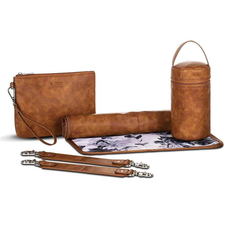 A Willow - Tan leather diaper bag set with a purse and a bottle by Mother and Baby.