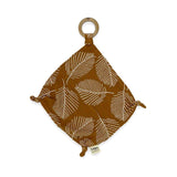 A brown Comforter Swaddle toy with a wooden ring from Mother and Baby.