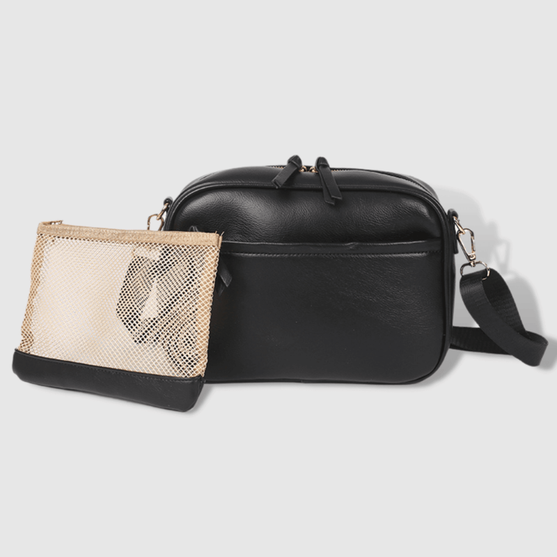 A black Evelyn - Cross Body bag with a beige pouch by Mother and Baby.