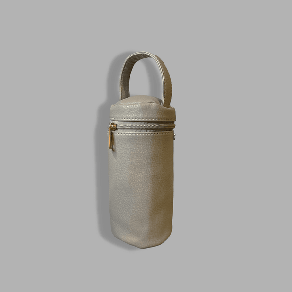 A Mother and Baby Insulated Bottle Holder - Grey on a grey background.