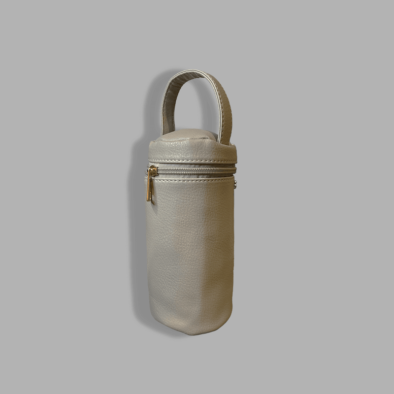 A Mother and Baby Insulated Bottle Holder - Grey on a grey background.