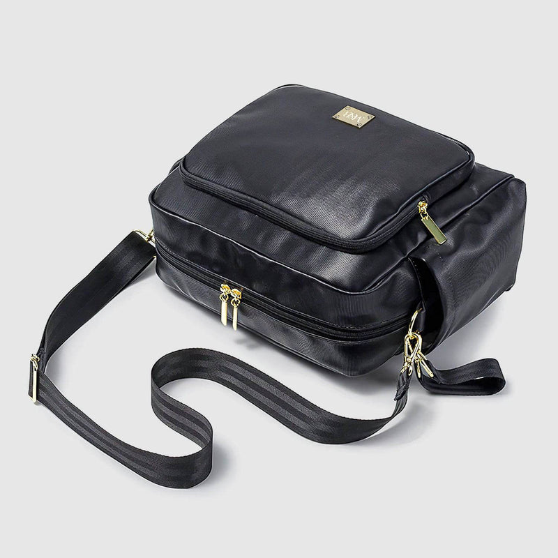 A black Pram Organiser with a shoulder strap from Mother and Baby.