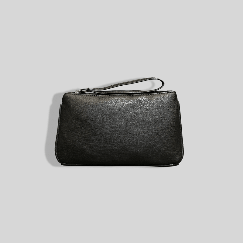 A Mother and Baby black leather clutch bag on a grey background.